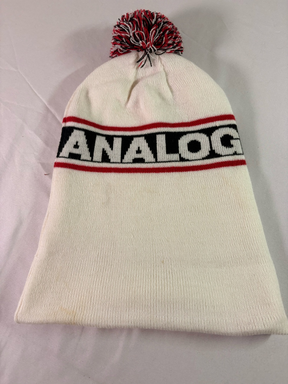 Analog Kids White Beanie with Red & Black Pom and Stripe